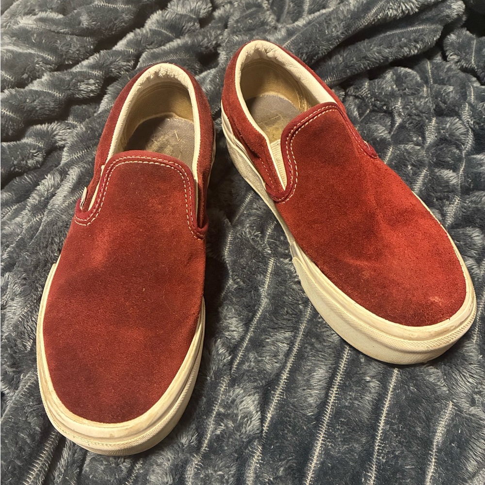Vans Red and White Slip-On Sneakers Suede Skate Style